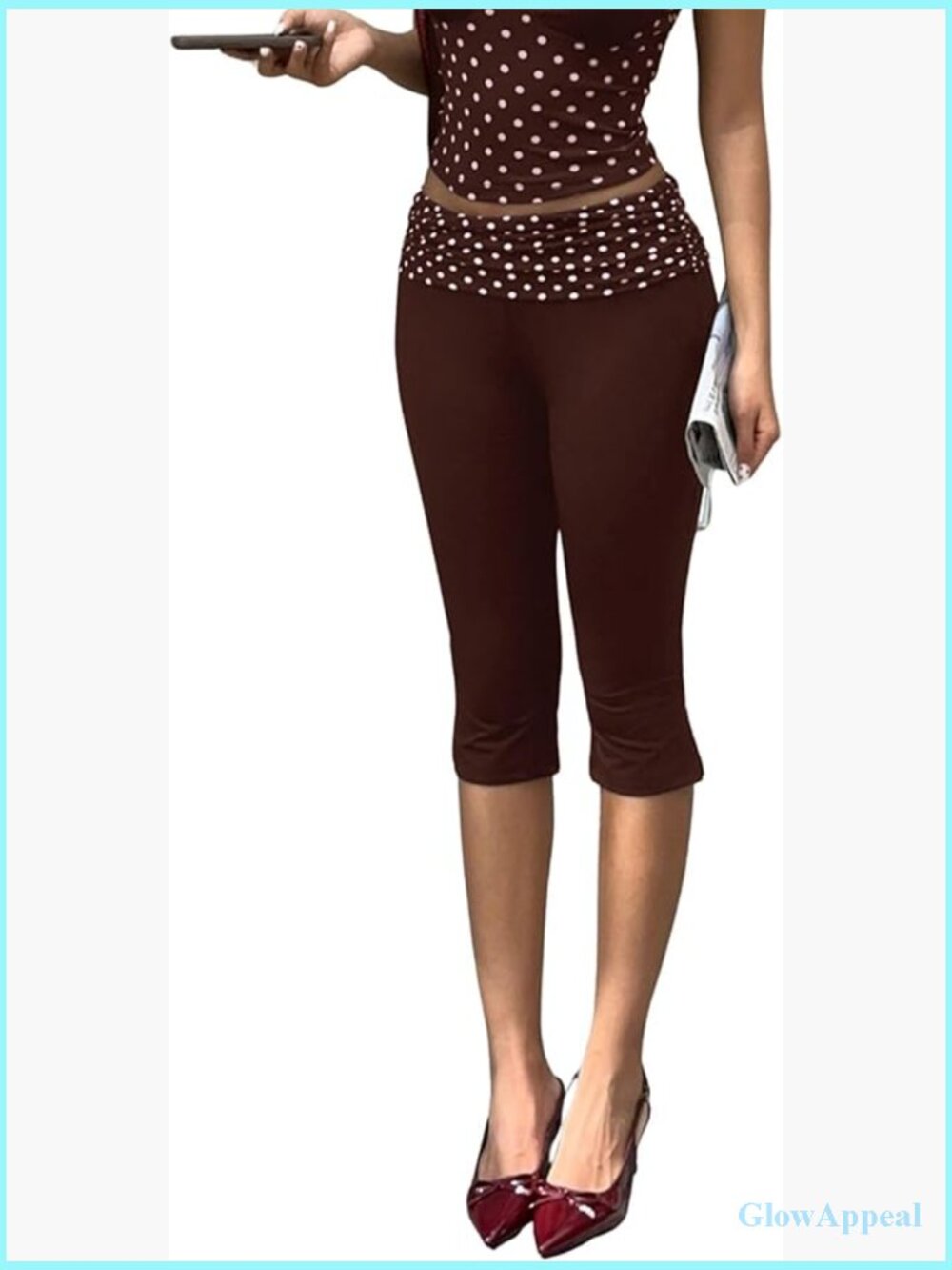 Polka Dot Capri Pants Fold Over Leggings Dressy Skinny Trousers Knee Length Slit